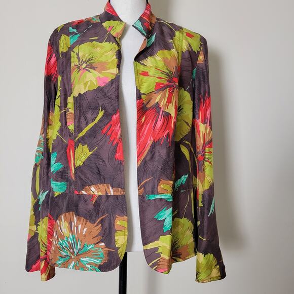 Coldwater Creek 1X Silk Career Jacket Blazer Open Front  Long Sleeve Floral - Picture 1 of 16